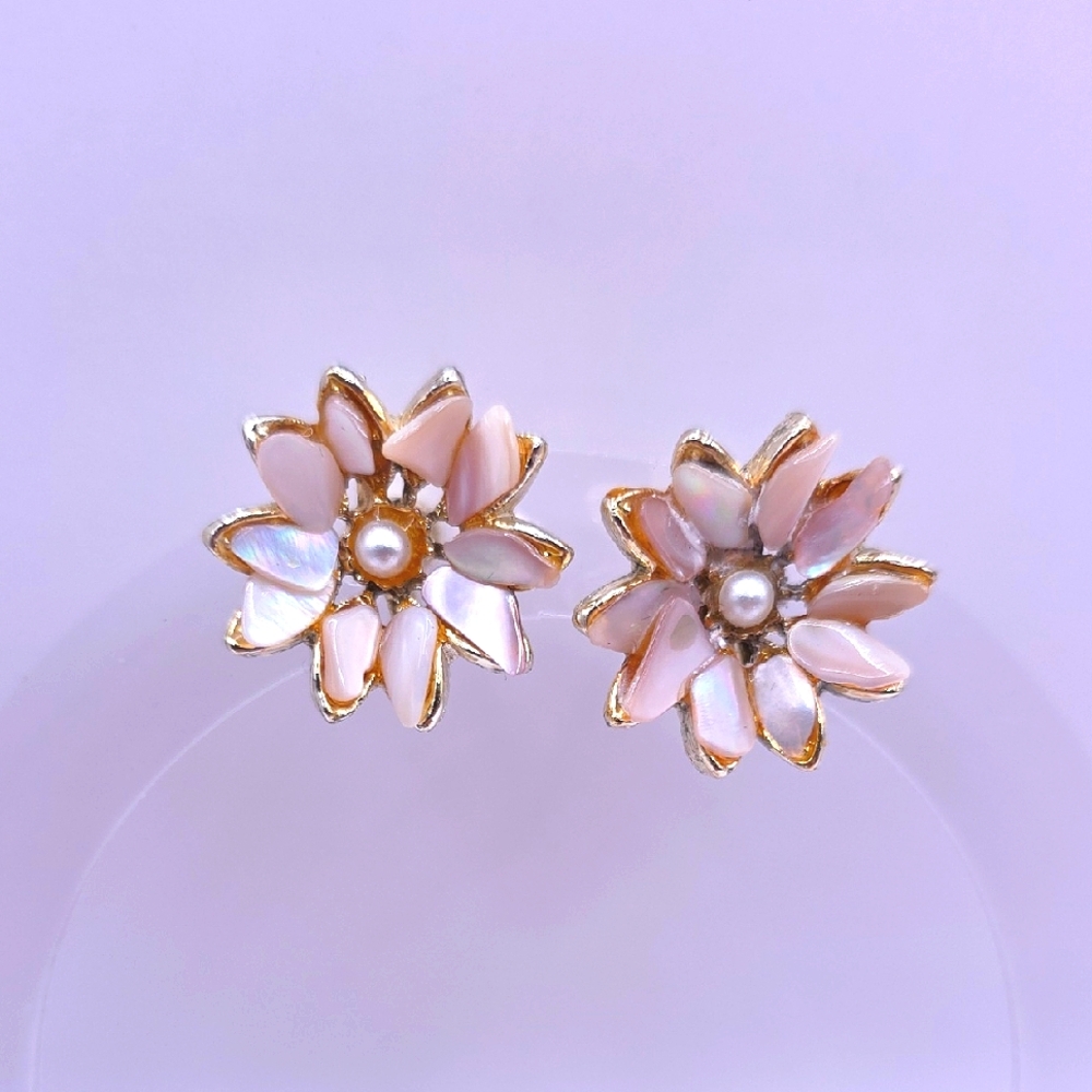 Vintage Mother Of Pearl Floral Earrings